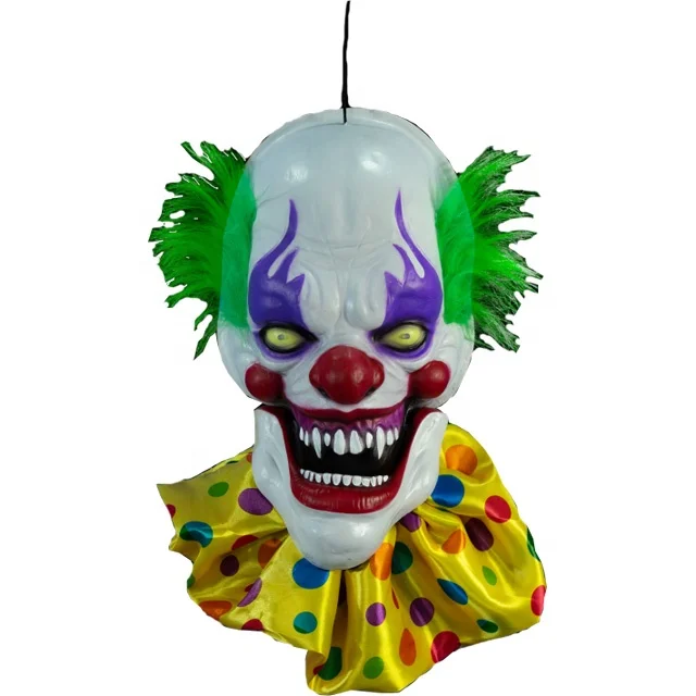 
Halloween Hanging Decoration Animated Talking Clown Head with Colorful Cloth Funny Scary Party Decor Haunted House props 