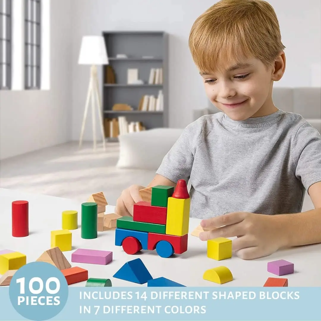 Build and Store Wooden Building Blocks Set 100 Blocks in 4 Colors and 9 Shapes with Carrying Bag Fun Gift