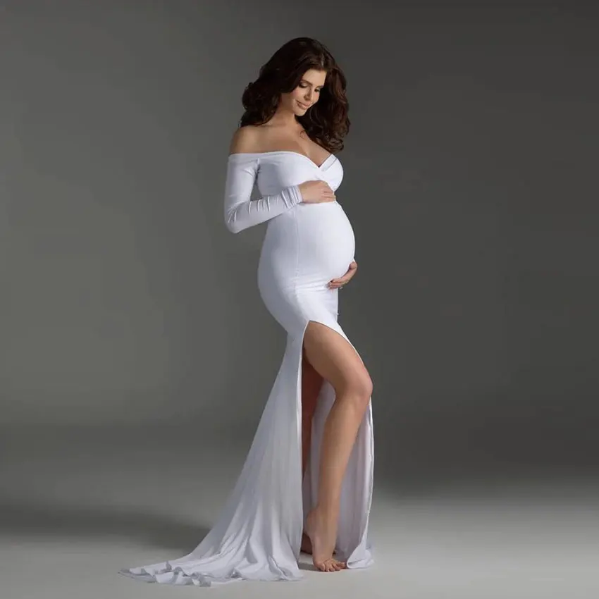 High Quality Pregnant Women Dresses Pure Color Off-Shoulder Sexy Robe Split Maxi Pregnancy Women Maternity Dress Photoshoot