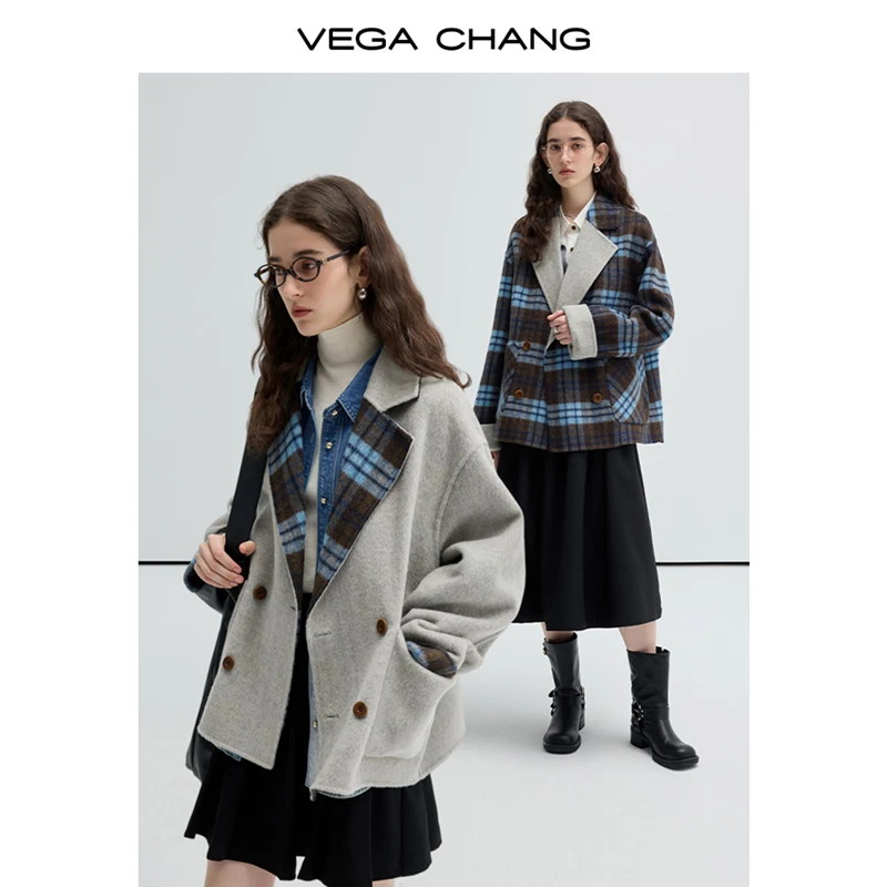 VEGA CHANG Popular Commuting  Design Sheep And Alpaca Wool Double-Faced Wool Tweed Plaid Wool  Coat