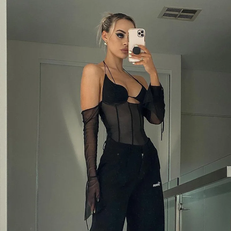 New Trend Sexy Club Mesh One Piece Spandex See Through Backless Summer Halter Longsleeve Fishnet Sheer Bodysuits For Women