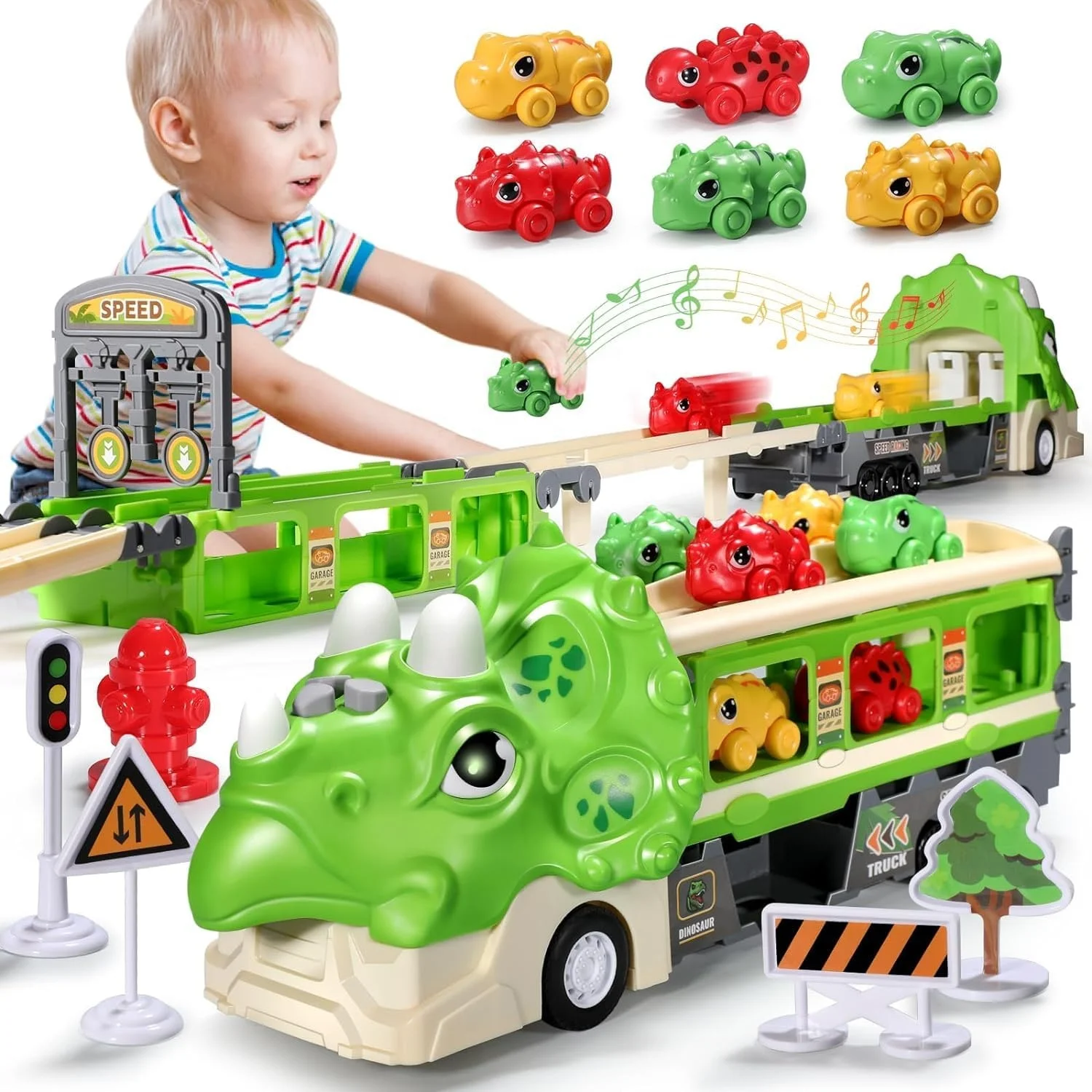 2024 New B/O Dinosaur Truck with 6 Dino Car,Foldable Track 2 Player Race Car with Light And Sound,Catapult Transform vehicle
