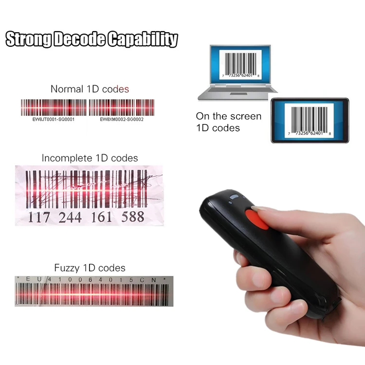 Portable BT Wireless 2D Scanner 3mil High decoding Resolution Automatic Continuous Scan Barcode Scanner