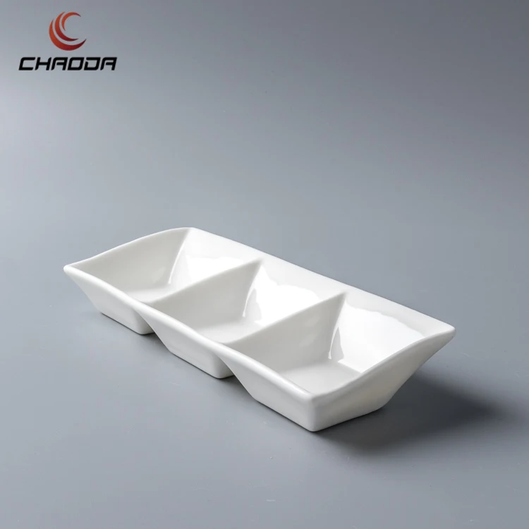 6 inch Rectangle sauce Restaurant Three grids sauce white porcelain soy dish divided ceramic divided sauce Plate for hotel