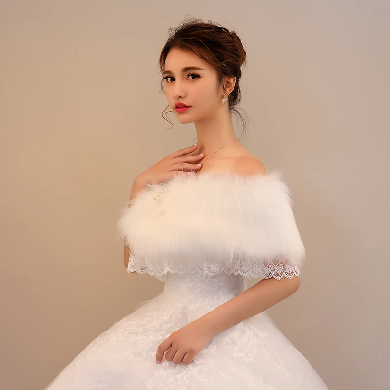 
Best selling wholesale winter bridal fur collar small shawl short lace rhinestone shawl pearl imitation buckle 