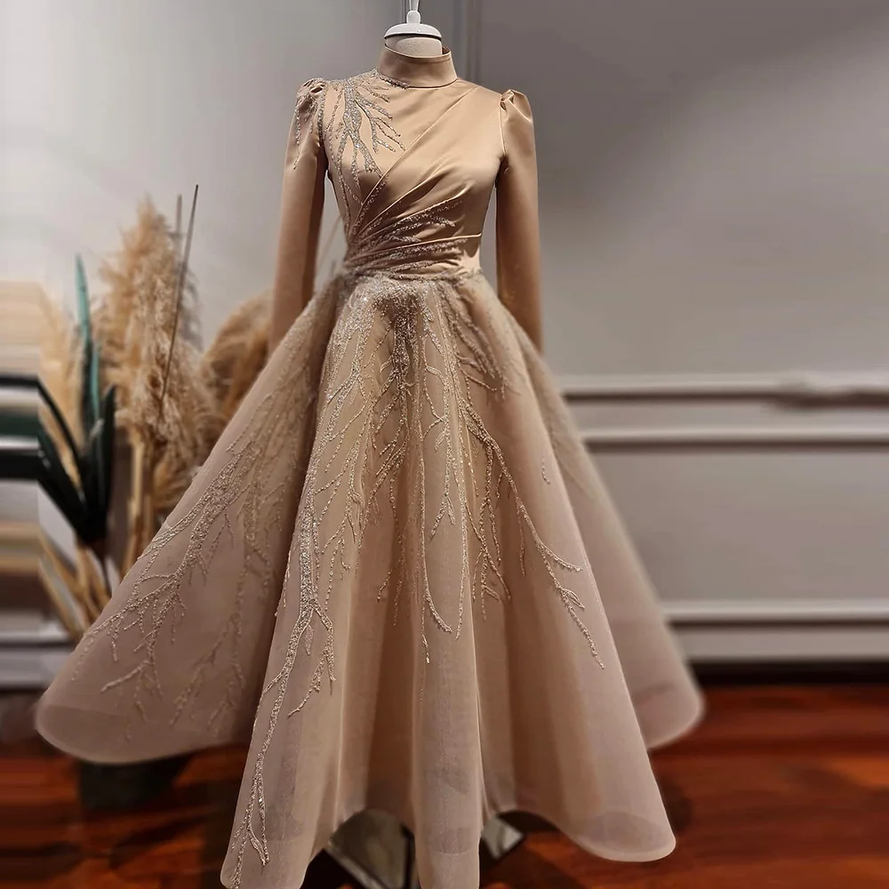 Scz033-2 роскошное дубайское мусульманское вечернее платье с шампанским для женщин свадебное до щиколотки арабское