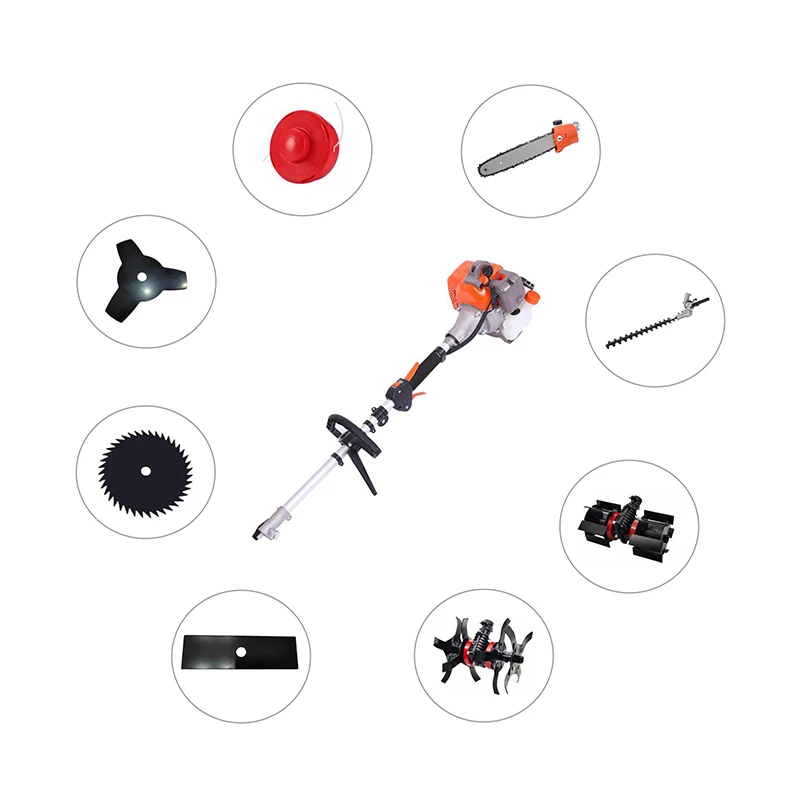 4 in 1 multifunctional brush cutter with hole chain saw,blade, hedge trimmer and trimmer head for trimmer line