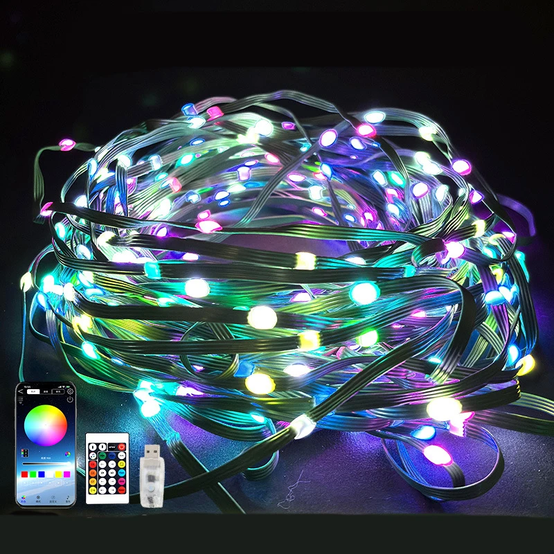 DC12V WS2815/WS2818 4Pin Pebble Seed LED Pixel String Light RGB Addressable IP67 Green Wire 5cm/10cm Pitch 50ct/100ct/200ct Long