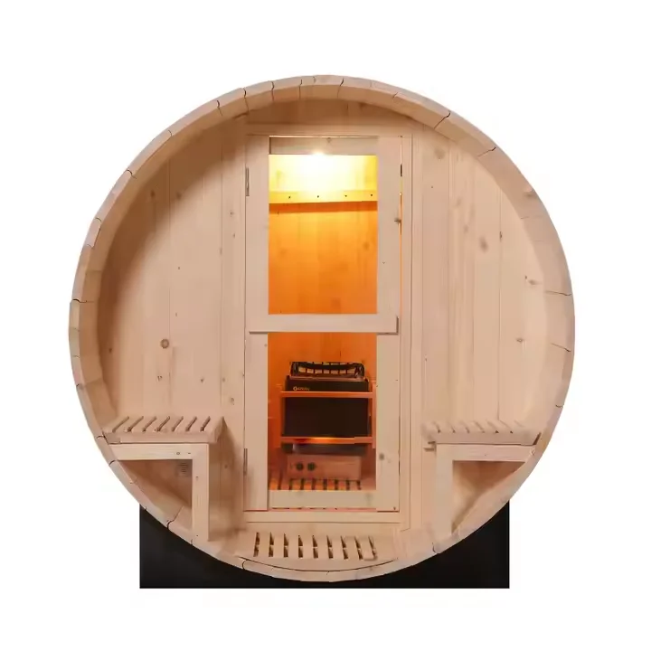 Outdoor Spruce Barrel Sauna With Panoramic Window And Steam Room For 6 persons