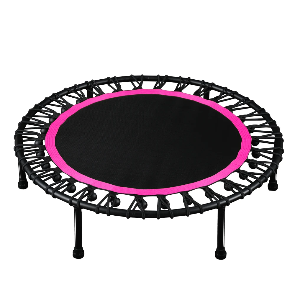 Round pink trampoline rope design system with 30 thickened ropes joint-friendly  Quiet Mini Trampoline with Adjustable Handlebar