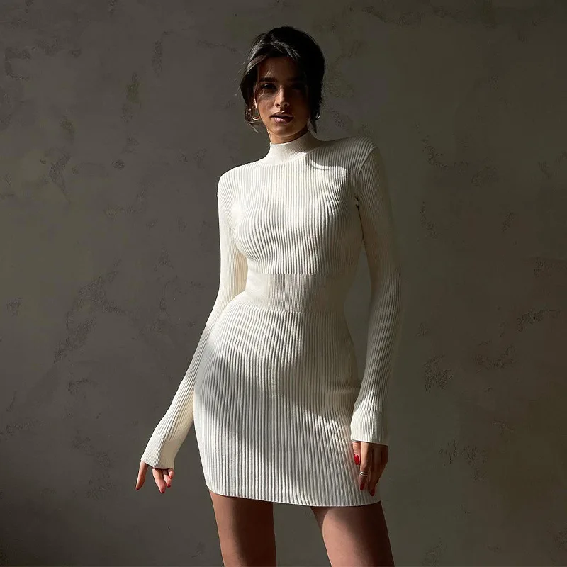 2022 Long Sleeve Midi Knitted Dresses Women Winter Sexy Turtleneck Rib Knit Dress