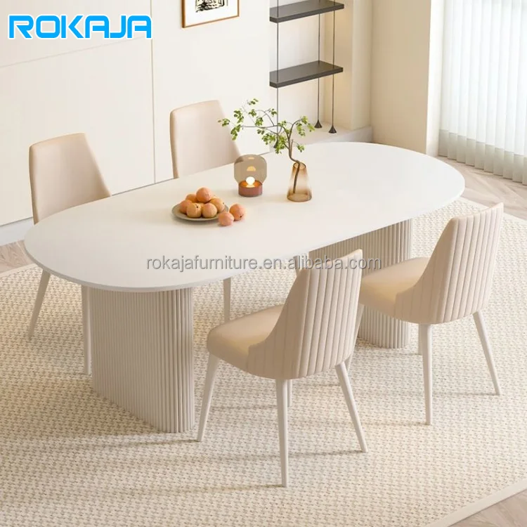 Minimalist Design Baked Lacquer Dining Table White Sintered Stone Top 4 6 8 Seater Dining Table Modern Oval Dining Table