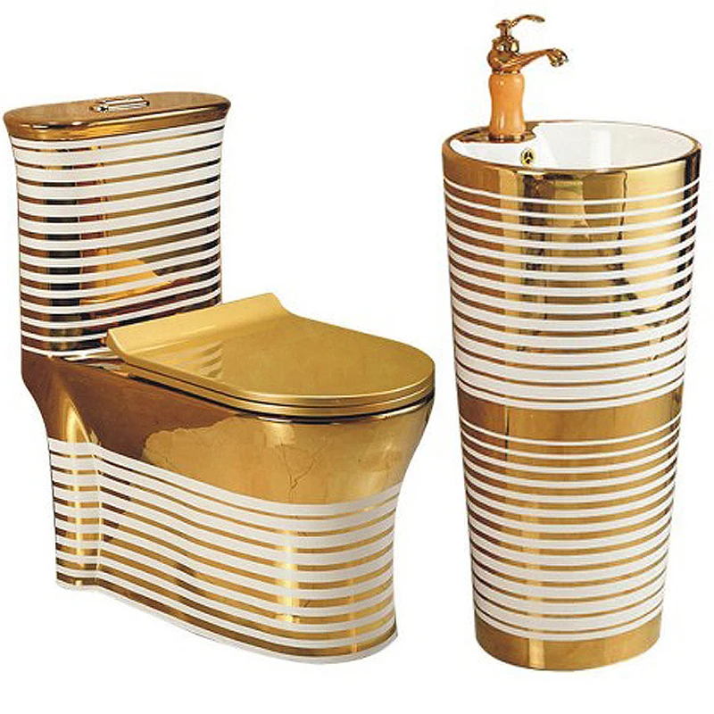 Luxury Style Gold Toilet Set Sanitary Ware Stand Sink and WC One Piece Ceramic Modern Hotel 5 Years Cleaning Glaze Floor Mounted