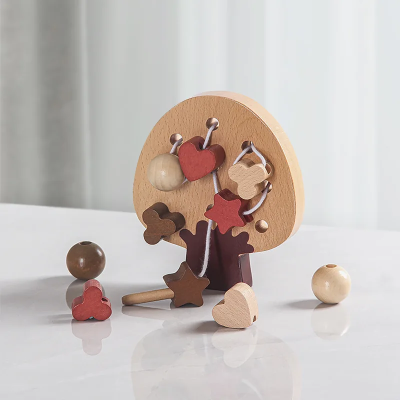 Custom Montessori early learning aids kid wooden threading board toy Montessori threaded rope intellectual building block toy