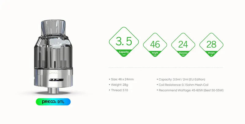 Vlit Preco2 DTL  45-60W vape atomizer, cheap price with bult-in 0.15 ohm mesh coil and 3.5ml pod capacity.