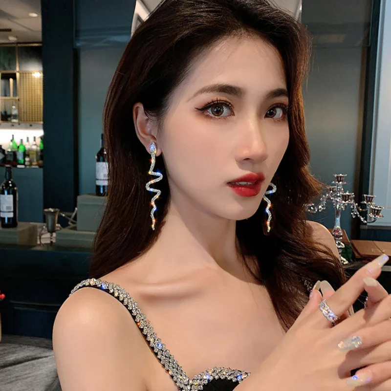 New Arrival Zirconia Diamond Snake Shaped Earrings Hot Selling Personalized Snake Earrings Long Silver Snake Dangle Earrings