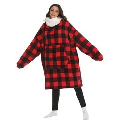 Plaid Red Thick Sherpa Sweatshirt Oversized Wearable Blanket Hoodie With Elastic Sleeves