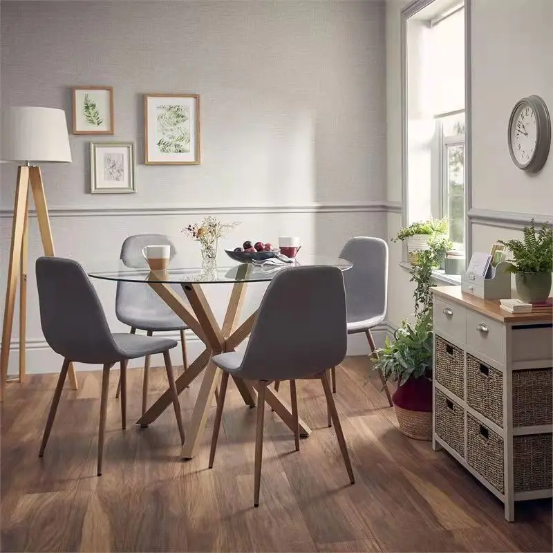 Factory Price Modern Stylish Clear Glass Cross Wood Base Dining Table Home Furniture Round Dining Table