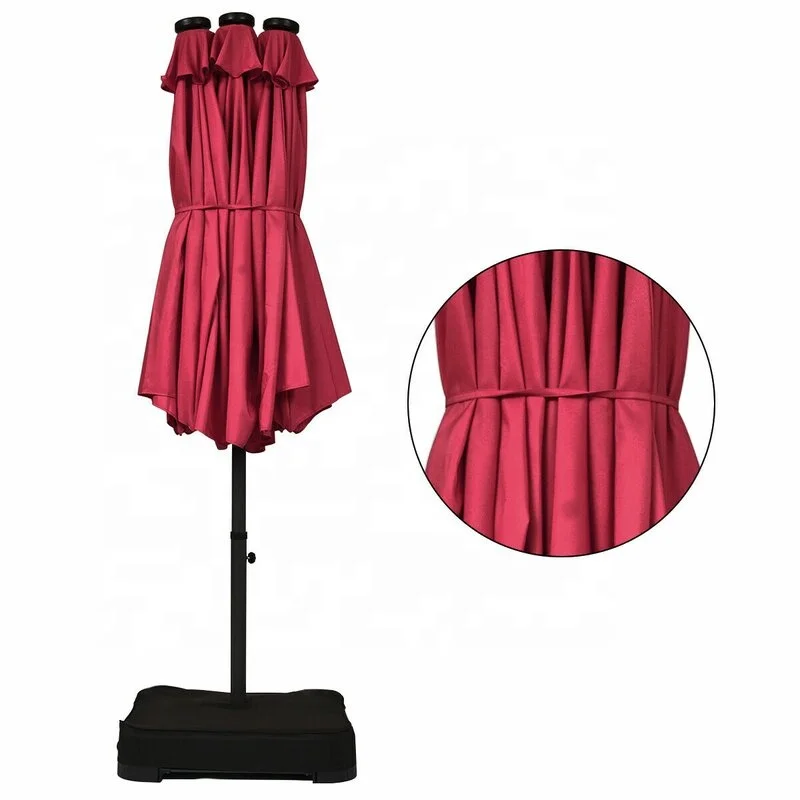 14X9FT Double Sided Sun Canopy Straight Pool Side Market Patio Outdoor Beach Solar LED Light Umbrella with Crank