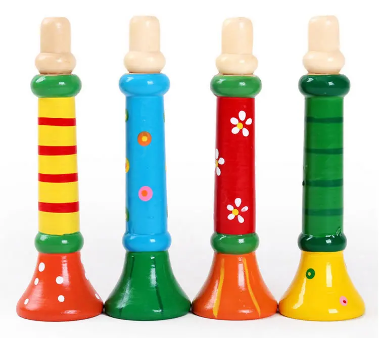 Children Multicolour Custom Wooden Trumpet Horn Musical Instrument Educational Toy