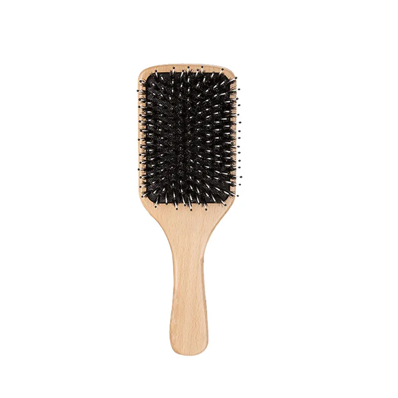 Custom Logo Wooden Paddle Hair Brush with ABS Handle Square Nylon Boar Bristle Massage Cushion Natural Type for Hair Styling
