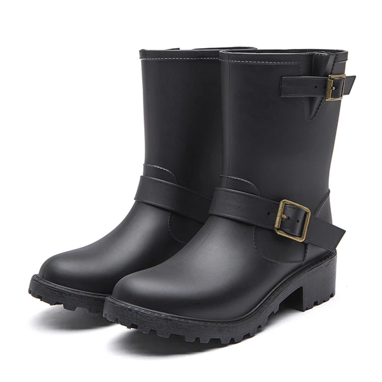 Fashion Buckle Anti Slip Ladies Short Wellies Wellington Boots Womens Waterproof Rubber