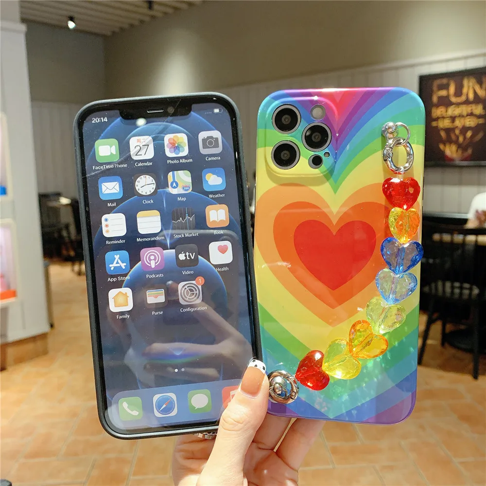 Soft Rainbow Love Heart Bracelet Phone Case For iPhone 11 12 13 14 Pro Max 15 Ultra Bumper Back Wrist Chain Silicone Cove