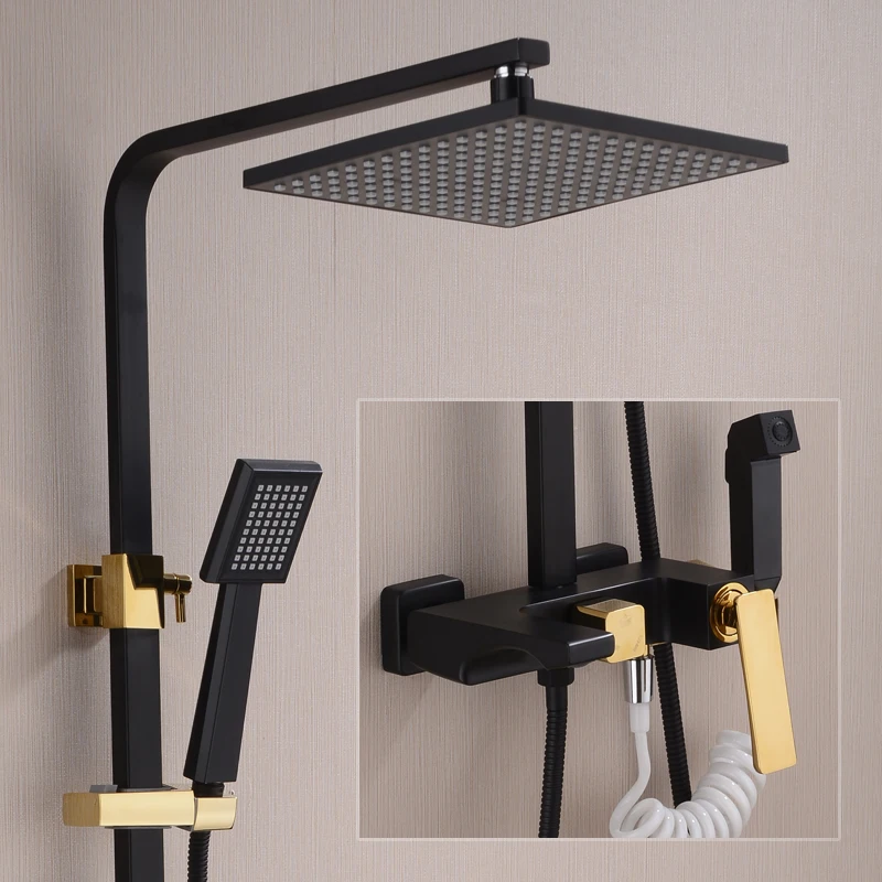 Black Gold Shower System Cold And Hot Water Mixer 4 Functions Contemporary Shower Faucets Bathroom Shower Set