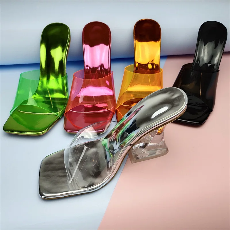 New Arrivals 2021 Shoes Square Toe Crystal Transparent Sandal Heels For Ladies PVC Slip On Womens Colorful Slippers