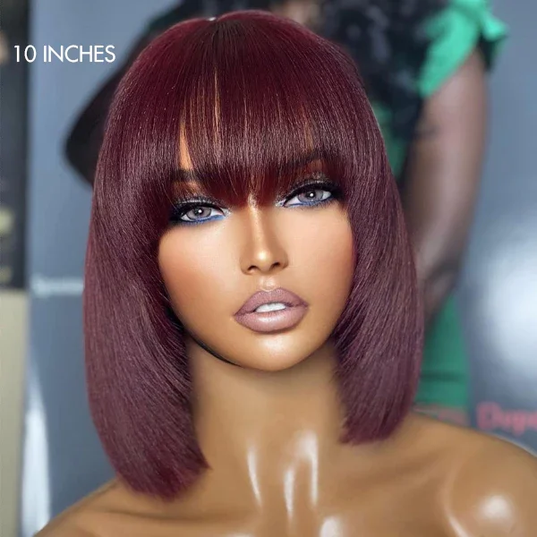 Highlight Brown Light Yaki Straight Bob 13X4 Lace Front Wigs with Bangs, 99J Natural Black Human Hair Wig with Fringe