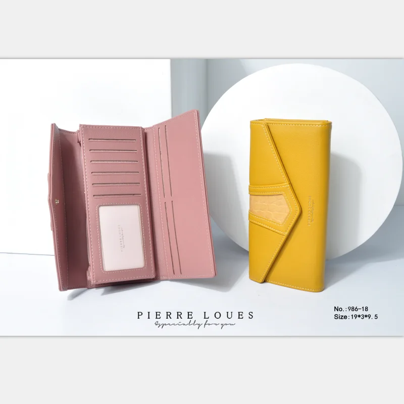 
Pierre Loues Long Women Wallet Crocodile Print Leather With Plain Material Money Card Purse 