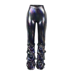 Adult Women Rhinestones Flared Trousers Club Nightclub Party Fold Pendulum Pants Sequins Fish Scales Knickered Ladies