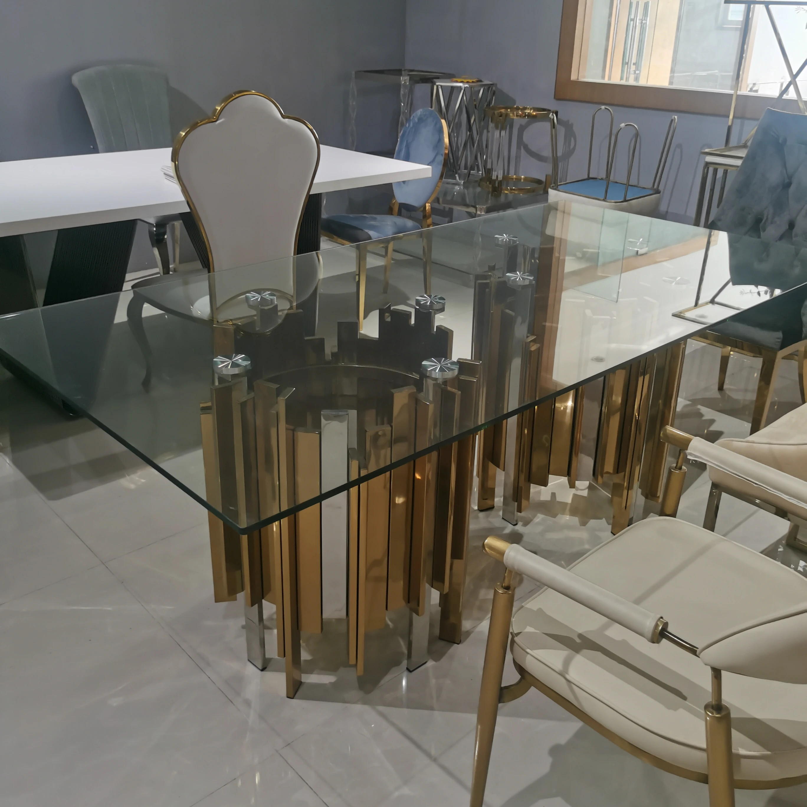 luxury glass dining table silver stainless steel dining table with glass top dining table set 6 seater luxury glass top
