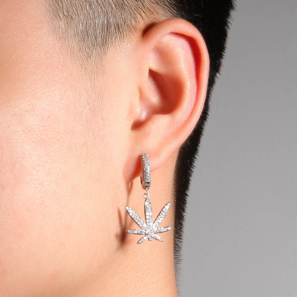 Hip hop Fashion Fine Jewelry Unisex Paved CZ Iced out Maple Leaf Dangle Hoop Earrings Stud Punk Hoop Earrings For Gift
