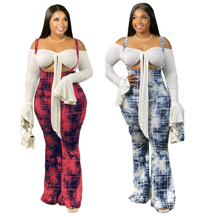 X6015-fall clothing for women plus size plaid suspender flare pants one piece jumpsuit