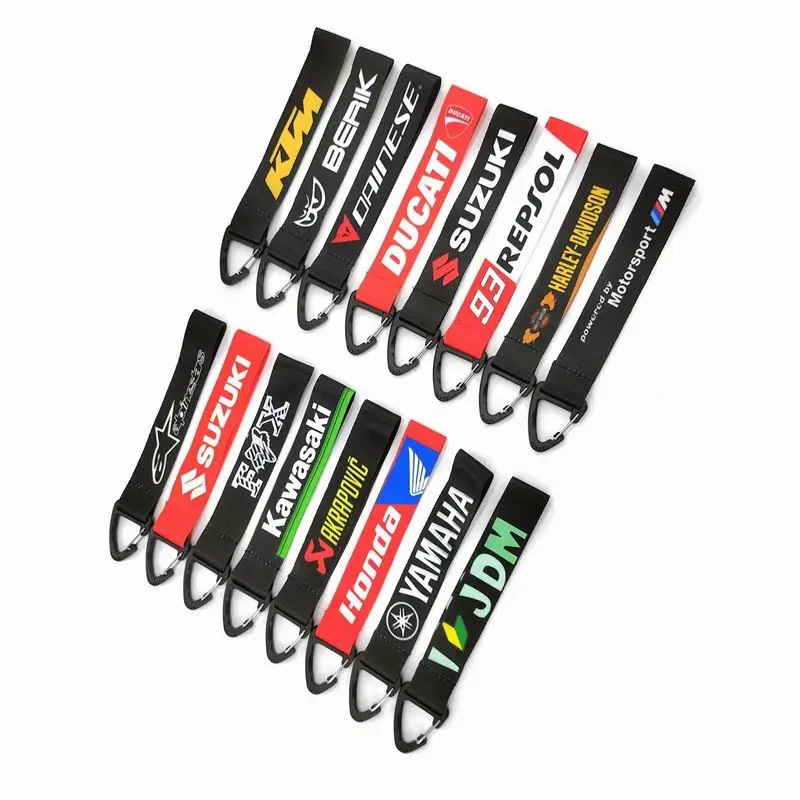 Custom Logo Brand Woven Embroidery Key Tag Customized Fabric Car Motorcycle Lanyard Keychain Strap
