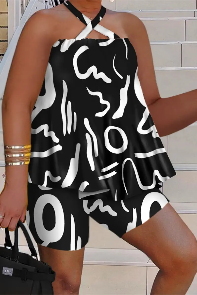 Summer New Product Popular Best Selling Fashion Casual Plus Size Graphic-print Halterneck Sleeveless Top Shorts Set Women