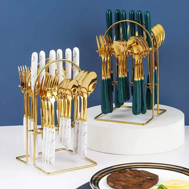 24 piece gift box set, tableware holder, ceramic handle, stainless steel knife, fork, spoon, Nordic style