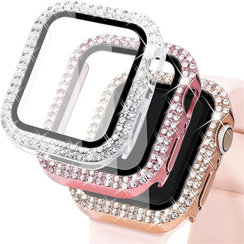 Glass+Case 2 in 1 Tempered Glass Screen Protector Bands for Smart Watch and Accessories Glitter Diamond Cover For Apple Watch