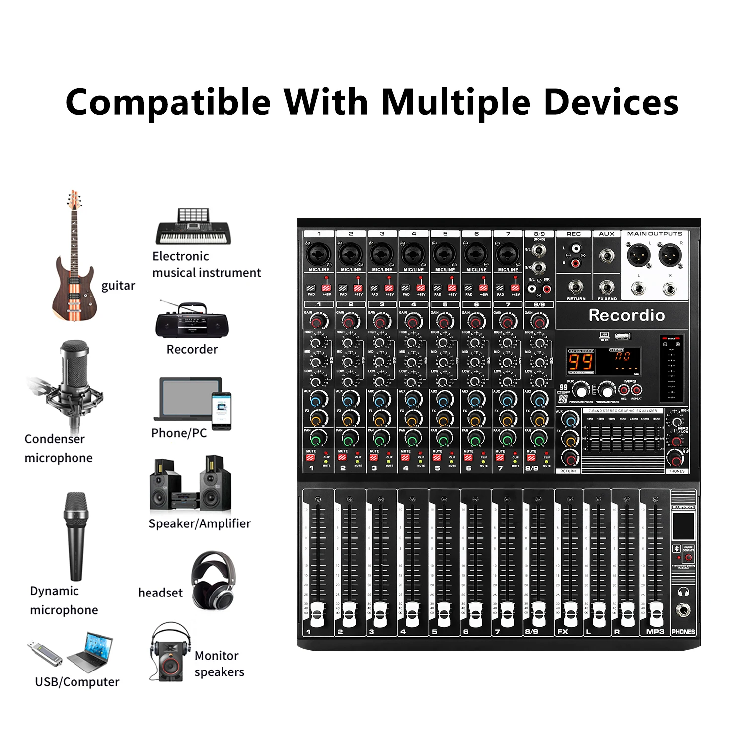 GAX-Q8 Recordio High Quality Audio Mixer Professional Digital Stage Mixer With 99SDP 7 Segment Equalizer
