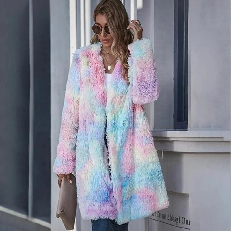 Autumn and Winter Fashion Loosen Oversize Plush Coat Rainbow Colorful Ferry  Long Sleeves Cardigan Casual Coat Customized