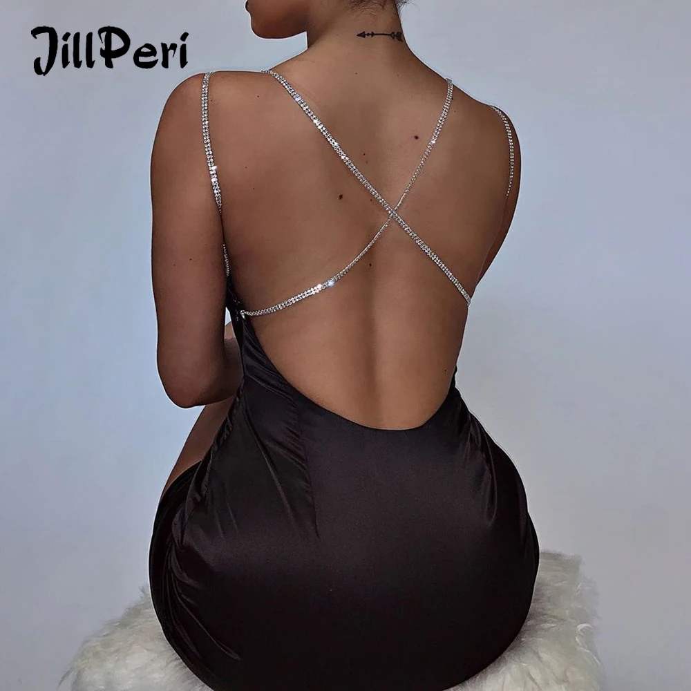 Черное атласное мини-платье JillPeri Соблазнительные вечерние наряды для ночного клуба одежда с открытой спиной в стиле знаменитостей женские облегающие