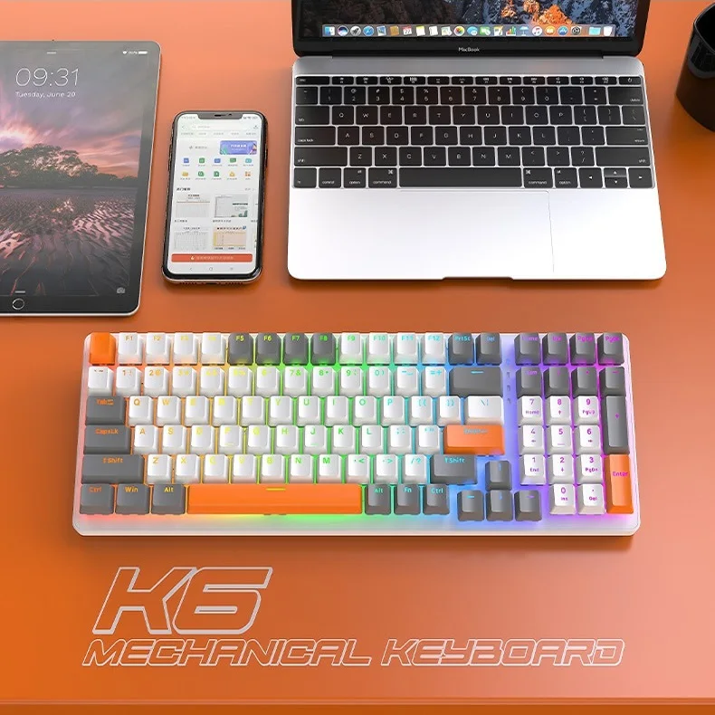 K6 Mechanical Keyboard 100 Keys Keycaps RGB 5.0 BT 2.4 G Wired 3 Modes Gaming Wireless Mechanical Keyboards For Tablet PC