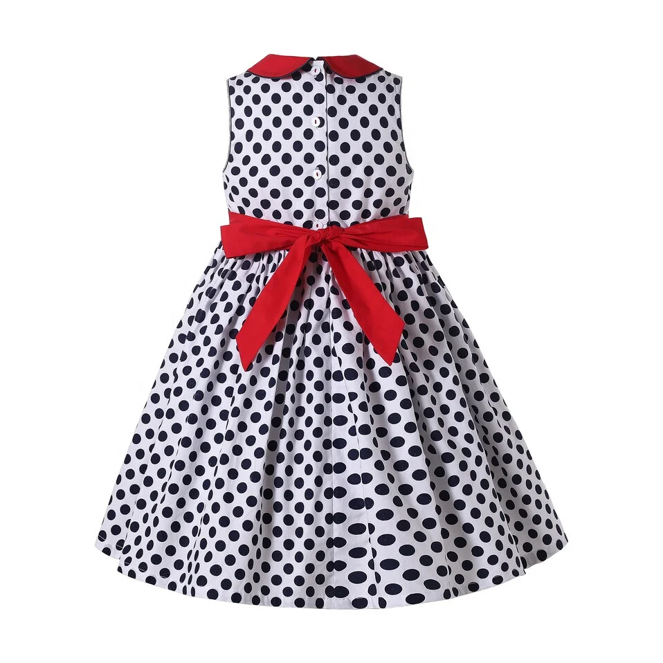 Pettigirl New Summer Smocked Dress for Girls Knee-length Polka Dot Sleeveless Dress with Embroidery 1BAG=1PCS