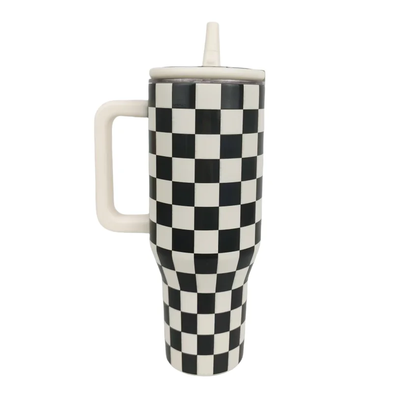 20 oz 40 oz Checkered tumbler adventure car travel printed hydrated 40 oz checkered tumblers with handle and straw