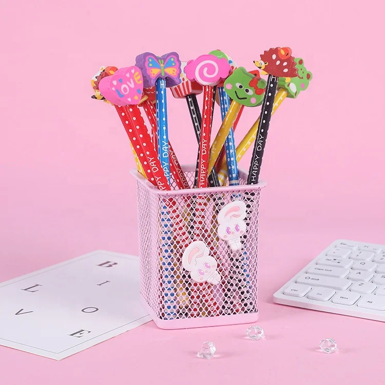 School Suppliers High Quality Stationery Gift Pens Smooth Writing Office Cartoon Pencil With Eraser Topper