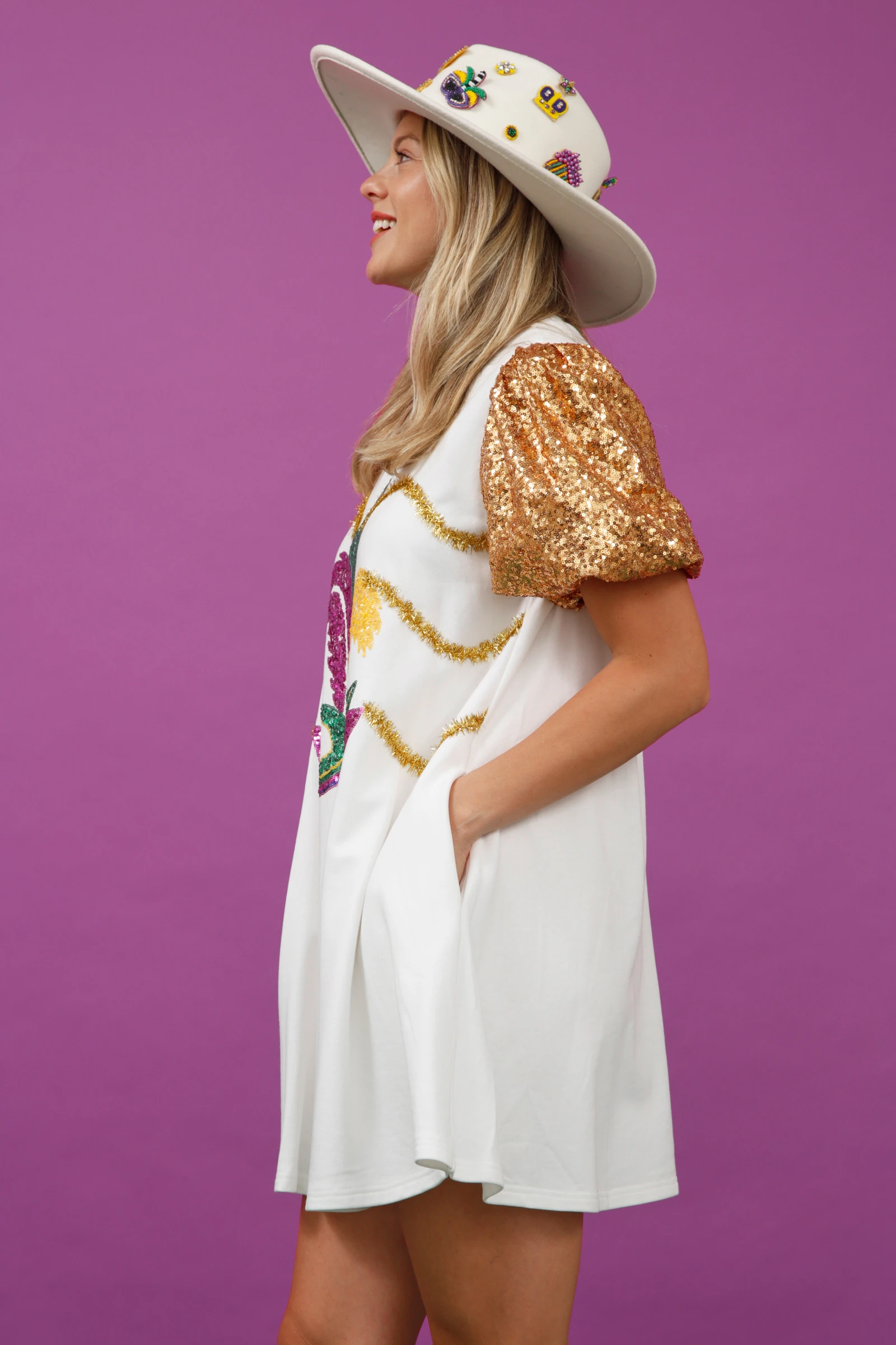 WINGTU Custom Private Label Women Tiered Color Block Ruffle Sequin Sleeve Mardi Gras Apparel Dress With Foil Fringe