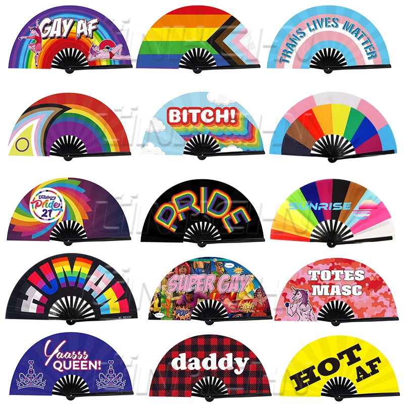 Customized nylon rainbow bamboo folding hand fans