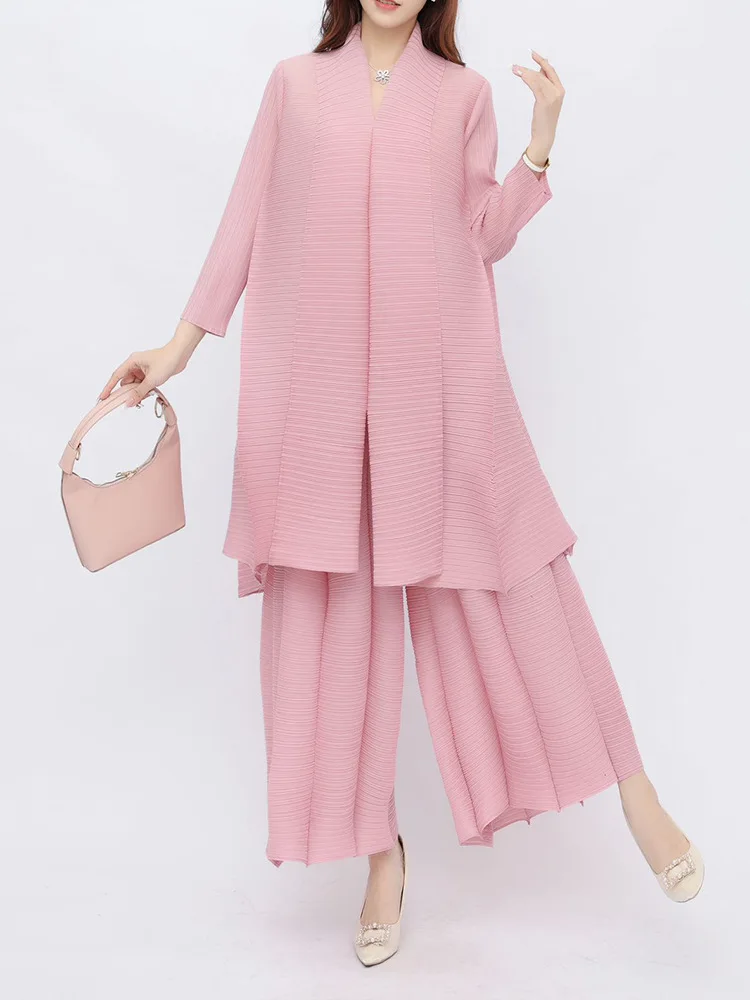 Miyake Plus Size Pleated Set Female 2024 New Casual Fashion Loose Top Wide-leg Pants Women Pleated Two-piece Set