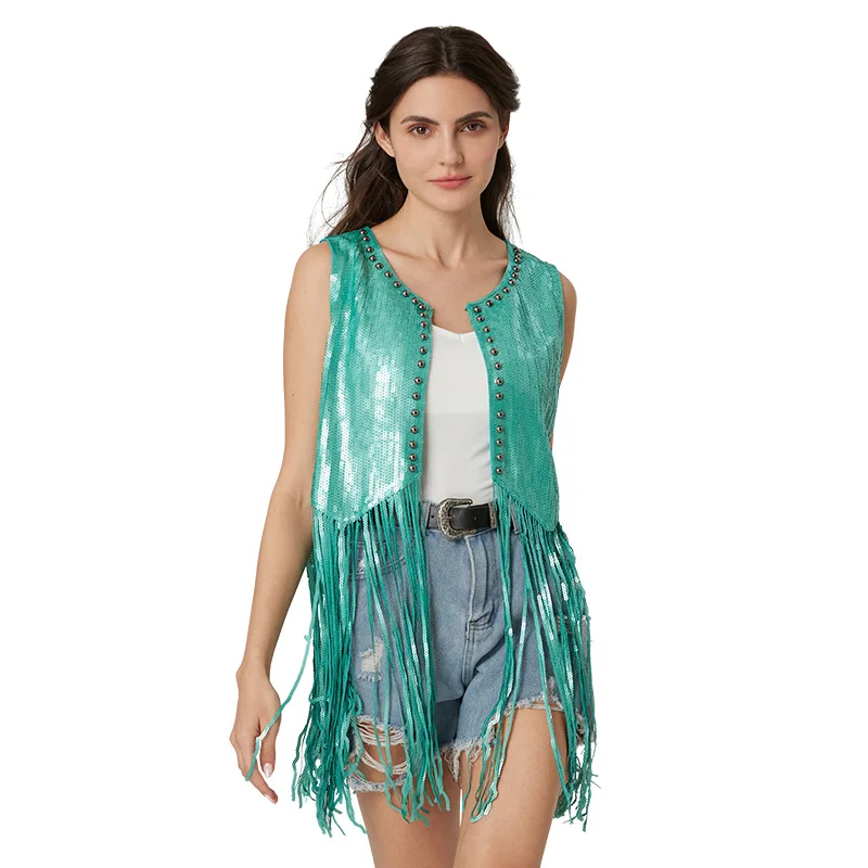 European Carnival Cowboy Cardigan Coat Women Sequin Fringe Vest